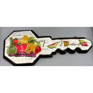 Vtg Key Shape Wood Metal Fruit Wall Hook Rack‎ Tin Foil Art